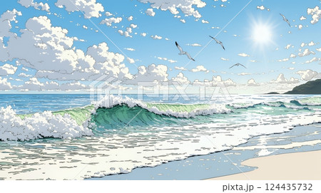 夏の海と空と白い浜辺