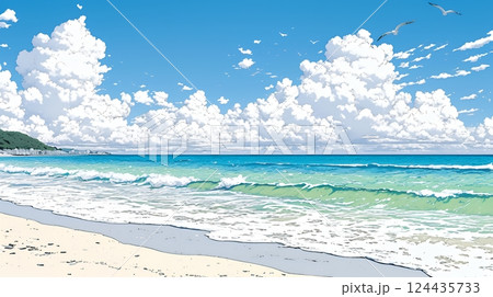 夏の海と空と白い浜辺