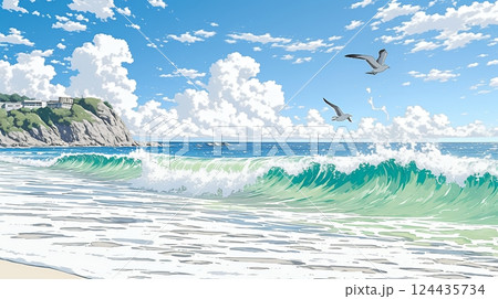 夏の海と空と白い浜辺