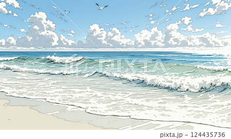 夏の海と空と白い浜辺