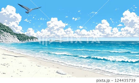 夏の海と空と白い浜辺