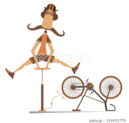 Cyclist and a broken bicycle. Cyclist inflates the wheel. Sportsperson repairs the bicycle. The cyclist inflates the wheel on the bicycle 124435779