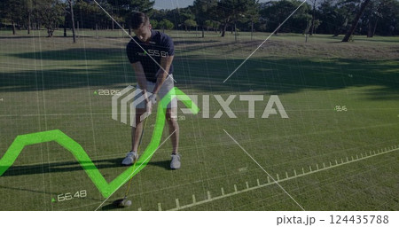 Image of digital data processing over caucasian male golf player on golf course 124435788