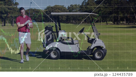Image of digital data processing over caucasian male golf player on golf course Image of digital data processing over caucasian male golf player on golf course 124435789