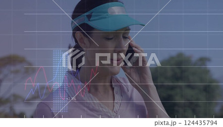 Image of digital data processing over caucasian male golf player using smartphone on golf course Image of digital data processing over caucasian male golf player using smartphone on golf course 124435794