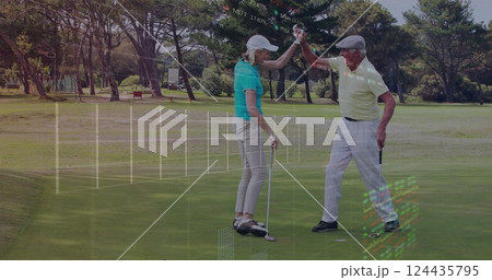 Image of digital data processing over caucasian golf players in caddy on golf course Image of digital data processing over caucasian golf players in caddy on golf course 124435795