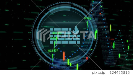 Image of fire wall icon and data processing over black background 124435816