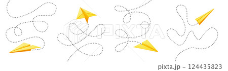 Paper planes fly along dotted line paths. Paper planes fly along dotted line paths. 124435823