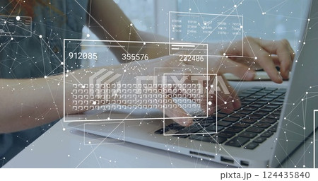 Image of data processing over caucasian businesswoman working in office 124435840