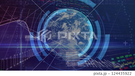 Image of globe, digital data processing over scope scanning on dark background 124435922