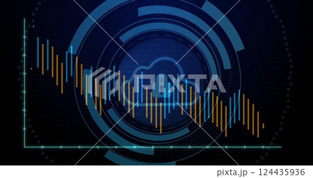 Image of padlock with cloud, digital data processing over scope scanning on dark background 124435936