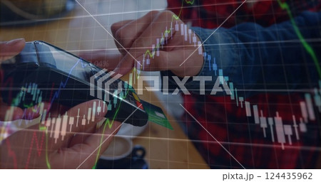Image of financial data processing over diverse people paying with credit card 124435962
