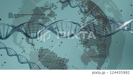 Image of dna strand, scientific data processing over globe spinning Image of dna strand, scientific data processing over globe spinning 124435992