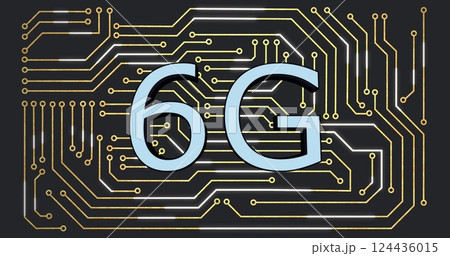 Image of 6g text, digital data processing over computer circuit board 124436015