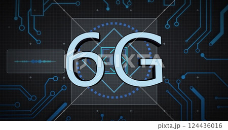 Image of 6g text, digital data processing over computer circuit board 124436016
