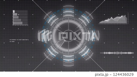Image of data processing and scope scanning over black background Image of data processing and scope scanning over black background 124436029