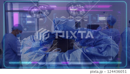 Image of data processing and dna strand over diverse surgeons wearing face masks Image of data processing and dna strand over diverse surgeons wearing face masks 124436051