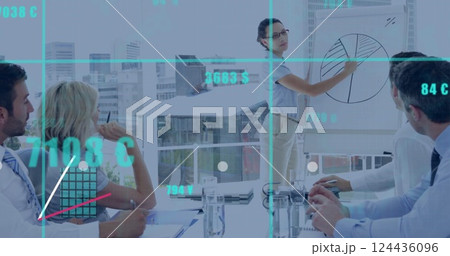 Business data visualization image over diverse professionals in modern office 124436096