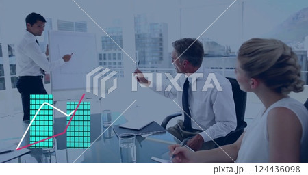 Business meeting with bar and line graphs over colleagues discussing presentation 124436098