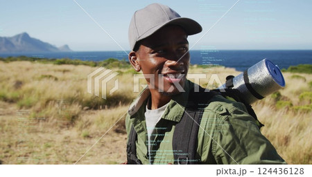 Image of data processing over african american man hiking 124436128