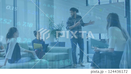 Image of financial data processing over diverse business people in office 124436172