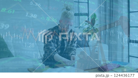 Image of data processing over albino african american man using laptop Image of data processing over albino african american man using laptop 124436177