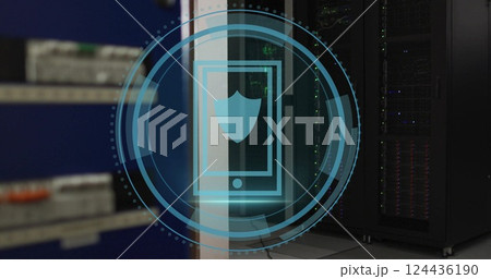 Image of shield icon and digital data processing over computer servers 124436190