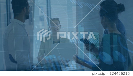 Image of financial data processing over diverse business people in office Image of financial data processing over diverse business people in office 124436216