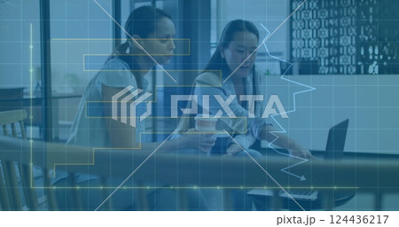 Image of financial data processing over diverse business people in office Image of financial data processing over diverse business people in office 124436217