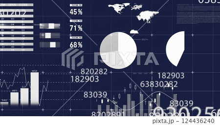Image of statistics and data processing on black background 124436240