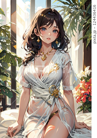 朝日を浴びる美女 124436416