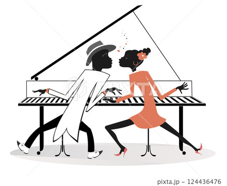 African man and woman play piano and singing. African man and woman play piano by four hands and singing. Happy lovers characters African man and woman play piano and singing. African man and woman play piano by four hands and singing. Happy lovers characters 124436476
