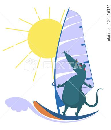 Windsurfing rat or mouse illustration. Sunny day, big wave and happy rat or mouse rids on the windsurfing boat Windsurfing rat or mouse illustration. Sunny day, big wave and happy rat or mouse rids on the windsurfing boat 124436575