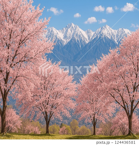 雪山と満開の桜が織りなす春の絶景風景 124436581