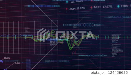 Image of financial data processing on black background 124436626