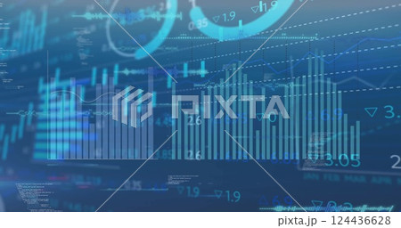Image of financial data processing on blue background Image of financial data processing on blue background 124436628