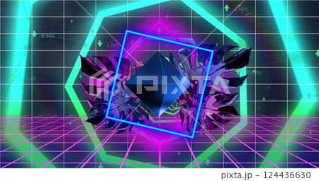 Image of neon shapes and tropical leaves over lines on black background 124436630