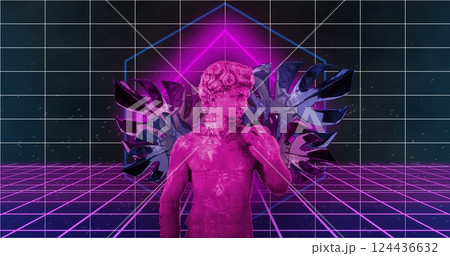 Image of interference over sculpture with tropical leaves and over lines on black background 124436632