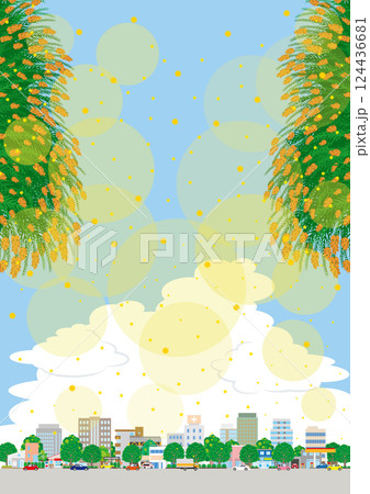 スギ花粉が舞う街並みのイラスト.  124436681