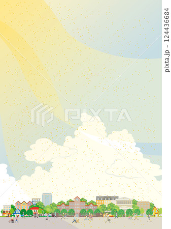 黄砂が舞う街並みのイラスト. 大気汚染. 黄砂が舞う街並みのイラスト. 大気汚染. 124436684