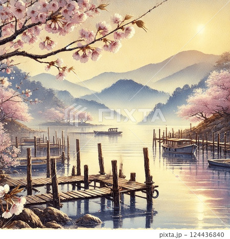 桜咲く湖畔の桟橋と夕暮れの静けさ 124436840