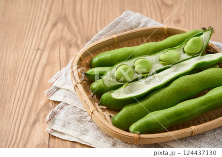 春が旬のそら豆/竹かごに盛られた生のそら豆 春が旬のそら豆/竹かごに盛られた生のそら豆 124437130