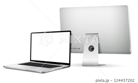 Computer display and laptop with blank screen on white background 124437202