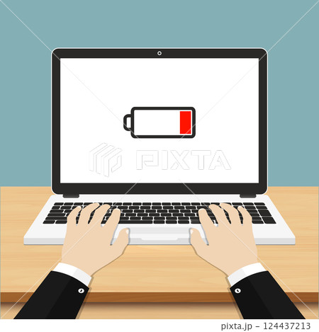 Laptop with low battery on screen flat design illustration Laptop with low battery on screen flat design illustration 124437213