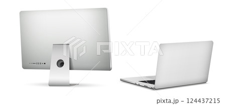 Computer display with laptop rear view isolated on white background Computer display with laptop rear view isolated on white background 124437215