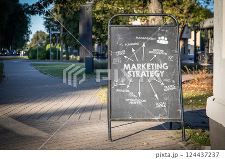 Marketing Strategy Concept on Chalkboard with Arrows and Keywords 124437237
