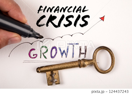 Financial Crisis and Growth Concept with Hand, Key, and Drawing Financial Crisis and Growth Concept with Hand, Key, and Drawing 124437243