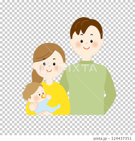 一對年輕夫婦抱著一個嬰兒，上半身 124437351