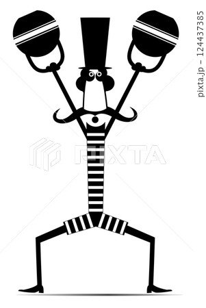 Sportsperson. Weightlifter. Kettlebell. Man does exercises with the heavy sports kettlebell. Funny mustache man in the top hat and striped cloth lifting heavy kettlebells with two hands 124437385