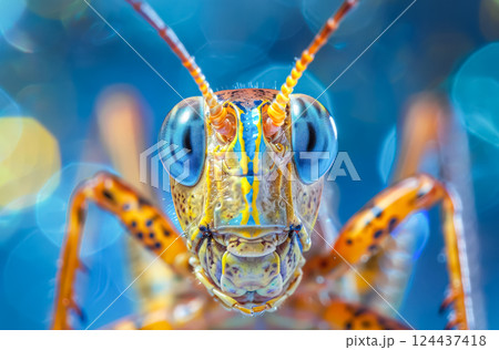 Large, orange and blue bug with a blue eye stares at the camera. Large, orange and blue bug with a blue eye stares at the camera. 124437418